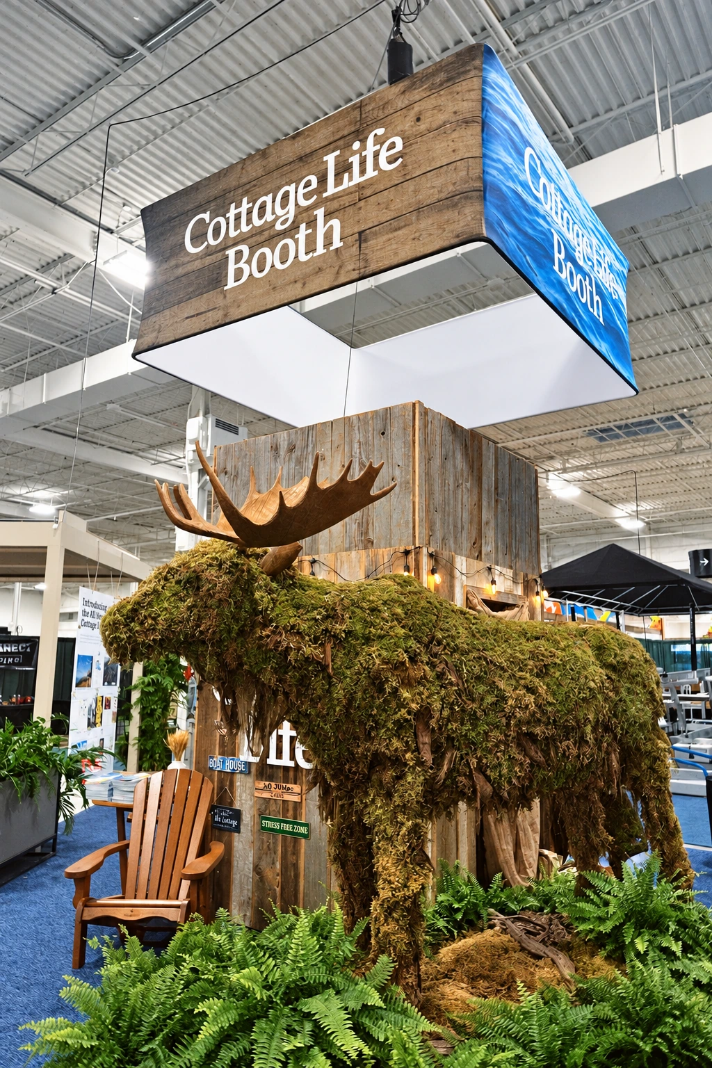 SOCM cottage community display featuring a moose at the Cottage Show.