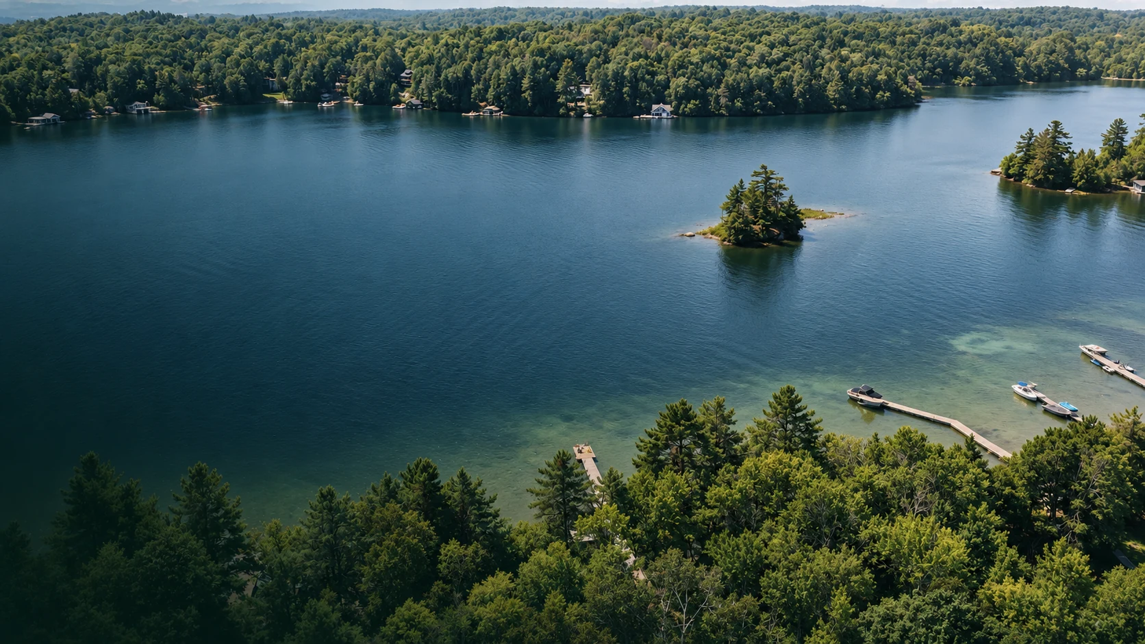 Luxury lakefront cottage in Southern Ontario featuring a private dock, peaceful lake views, and outdoor living space at sunset.